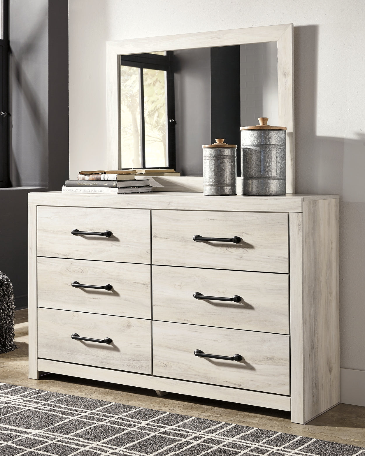 Cambeck Panel Bed With 4 Storage Drawers With Mirrored Dresser And Chest