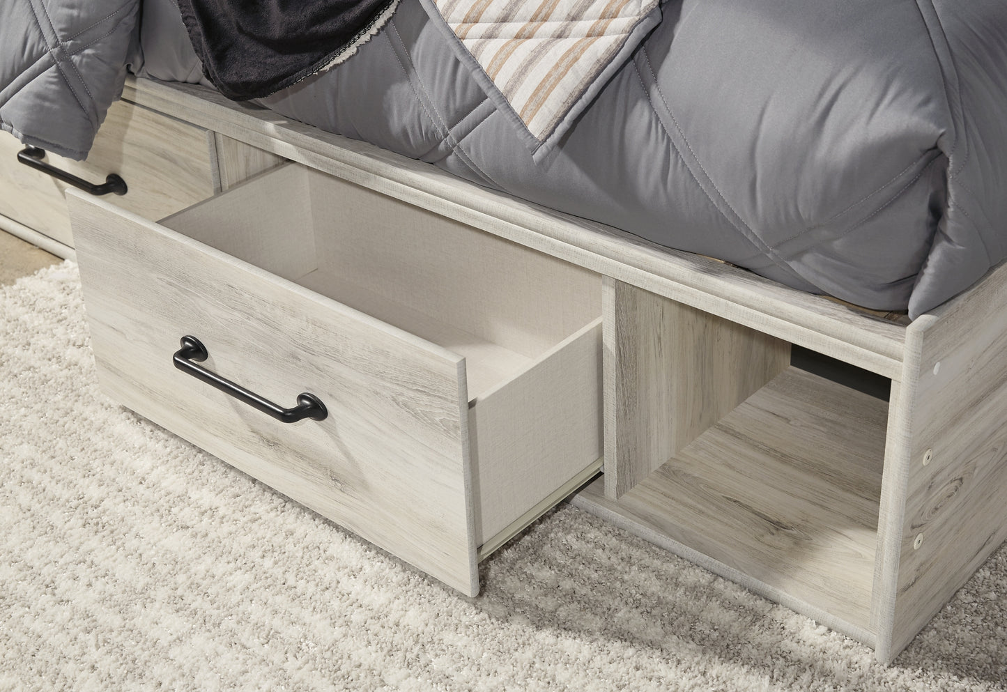 Cambeck Panel Bed With 4 Storage Drawers With Mirrored Dresser And Chest