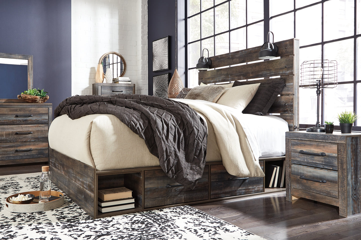 Drystan Panel Bed With 2 Storage Drawers With Mirrored Dresser And Chest