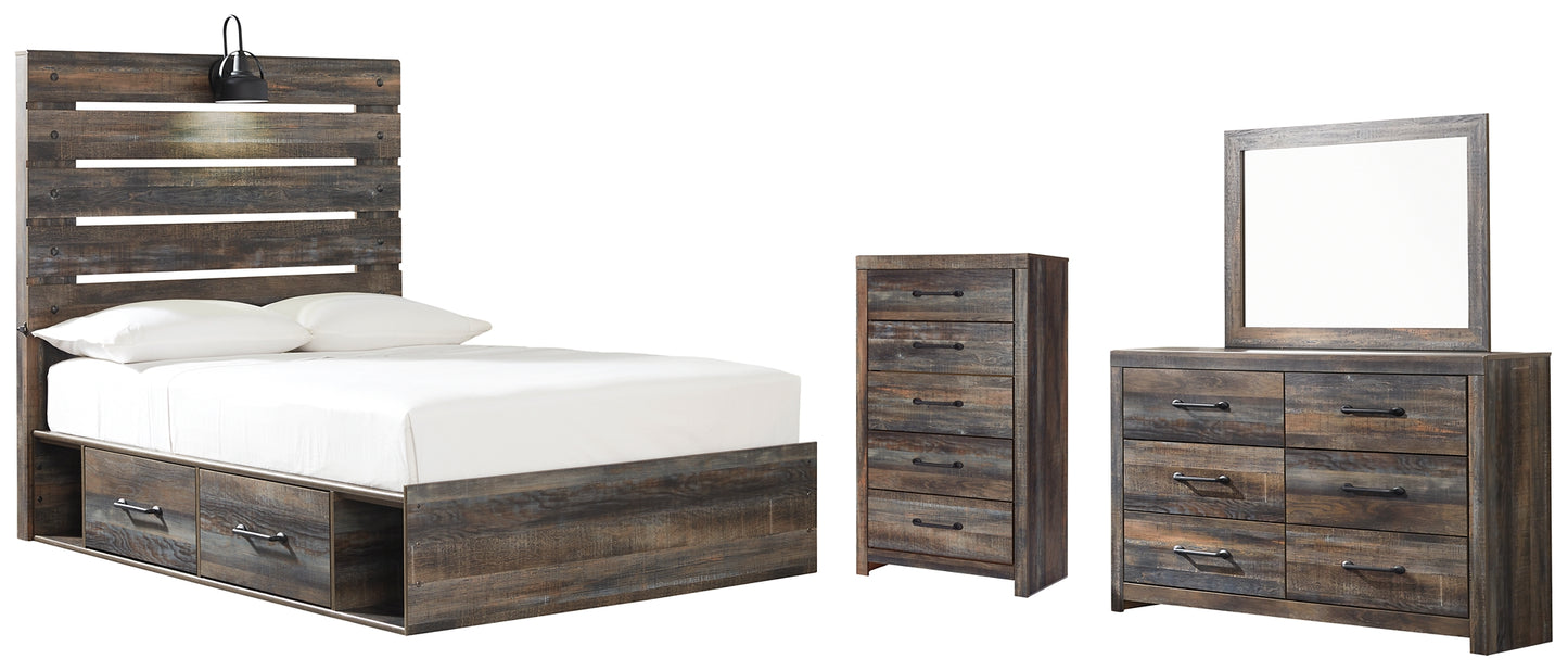 Drystan Panel Bed With 2 Storage Drawers With Mirrored Dresser And Chest