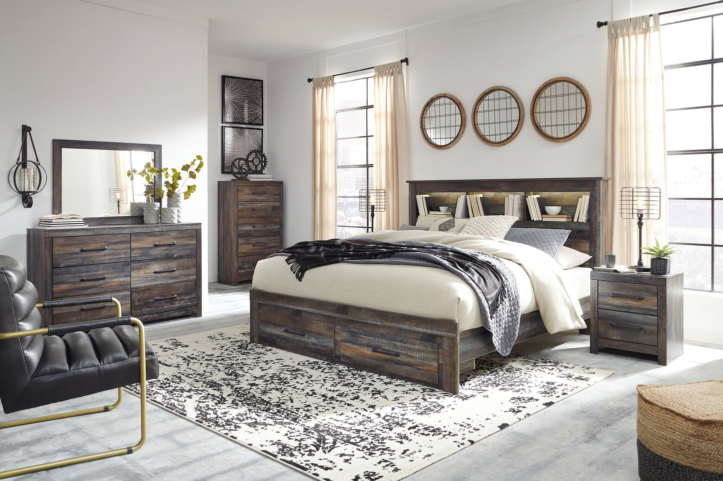 Drystan Bookcase Bed With 2 Storage Drawers With Mirrored Dresser And 2 Nightstands