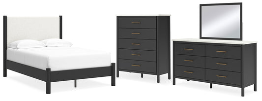 Cadmori Full Upholstered Panel Bed with Mirrored Dresser and Chest