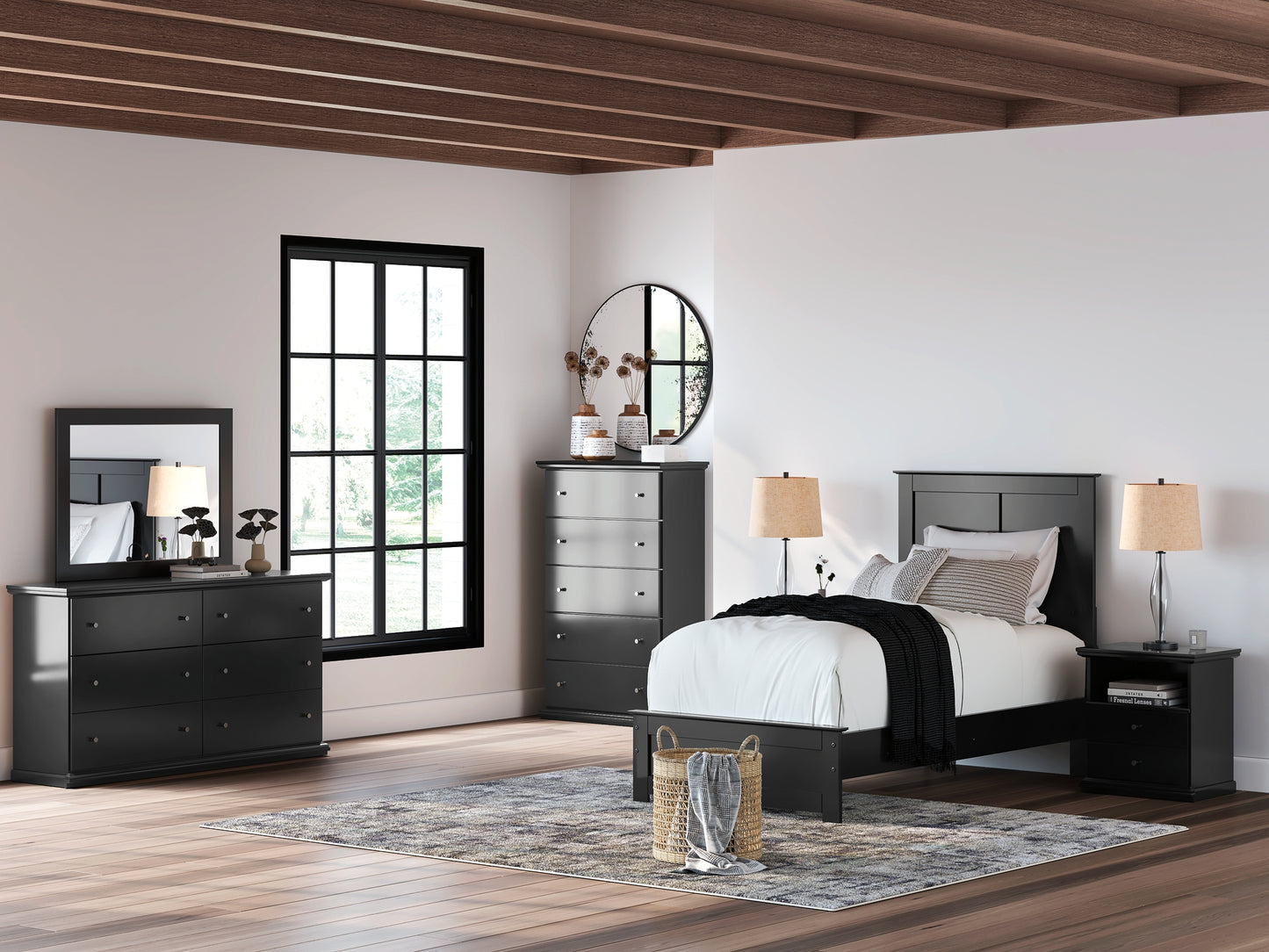Twin Panel Bed with Mirrored Dresser and Nightstand