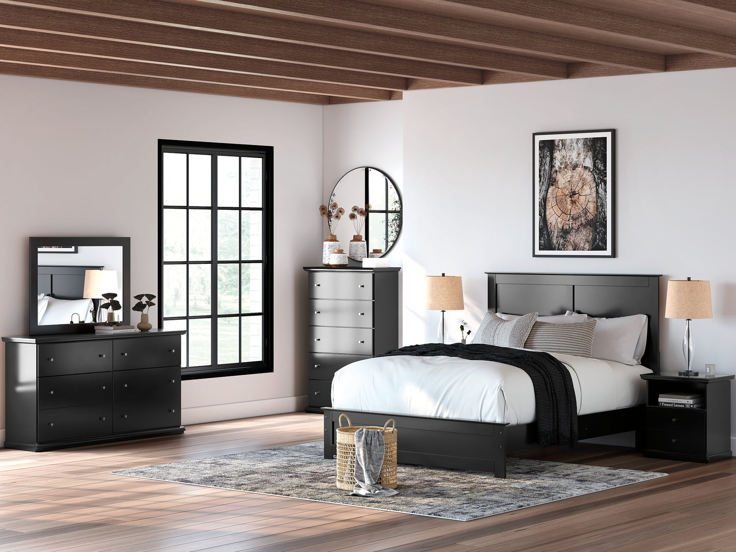 King Panel Bed with Mirrored Dresser