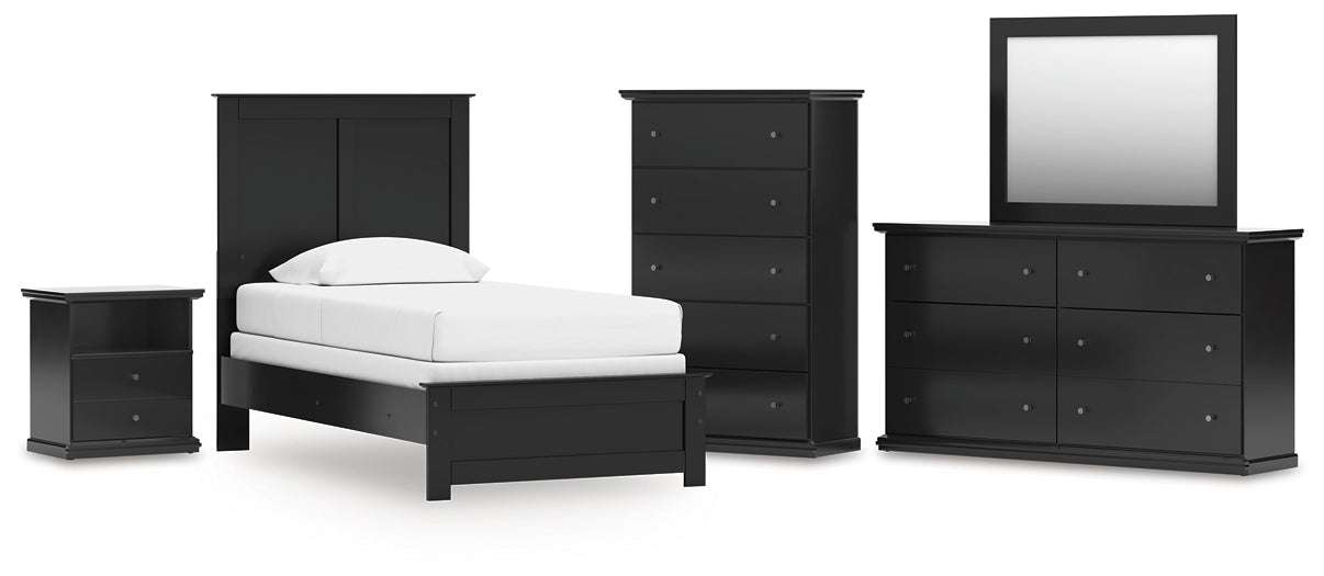 Twin Panel Bed with Mirrored Dresser, Chest and Nightstand