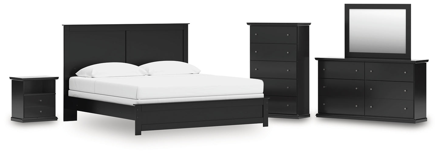 King Panel Bed with Mirrored Dresser, Chest and Nightstand