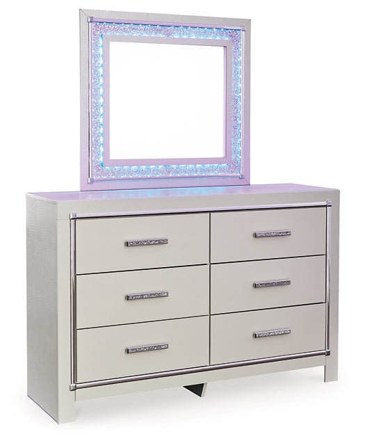 Zyniden King Upholstered Panel Headboard with Mirrored Dresser