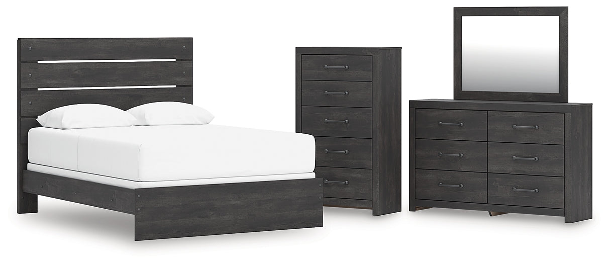 Hollivern Queen Panel Bed with Mirrored Dresser and Chest