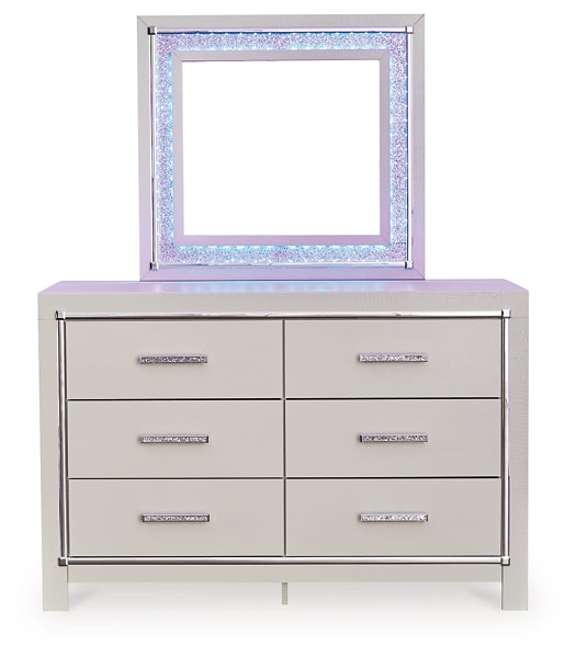 Zyniden Queen Upholstered Panel Bed with Mirrored Dresser and Nightstand