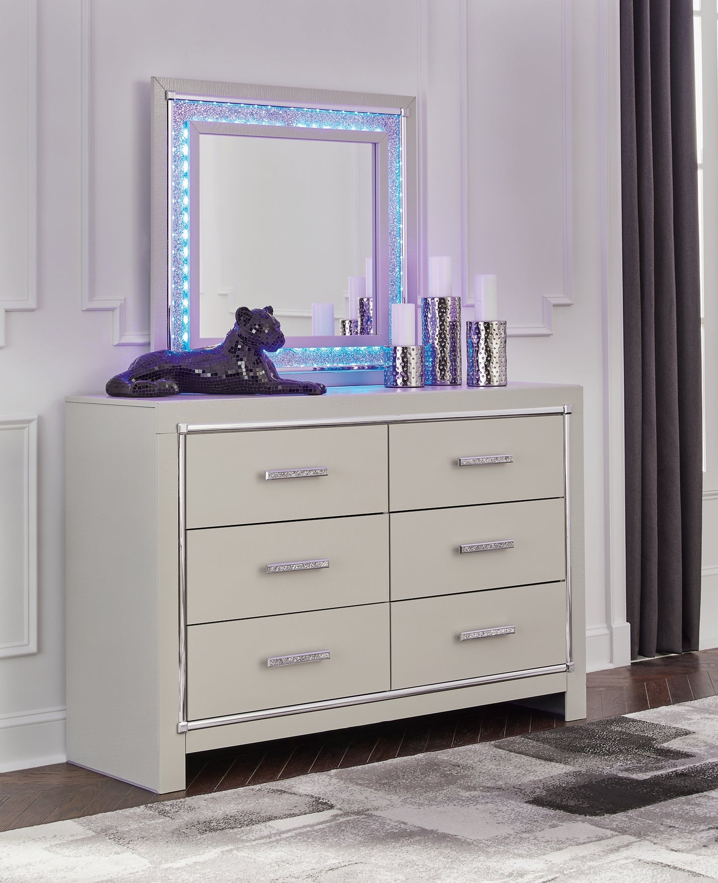 Zyniden Queen Upholstered Panel Bed with Mirrored Dresser and Nightstand