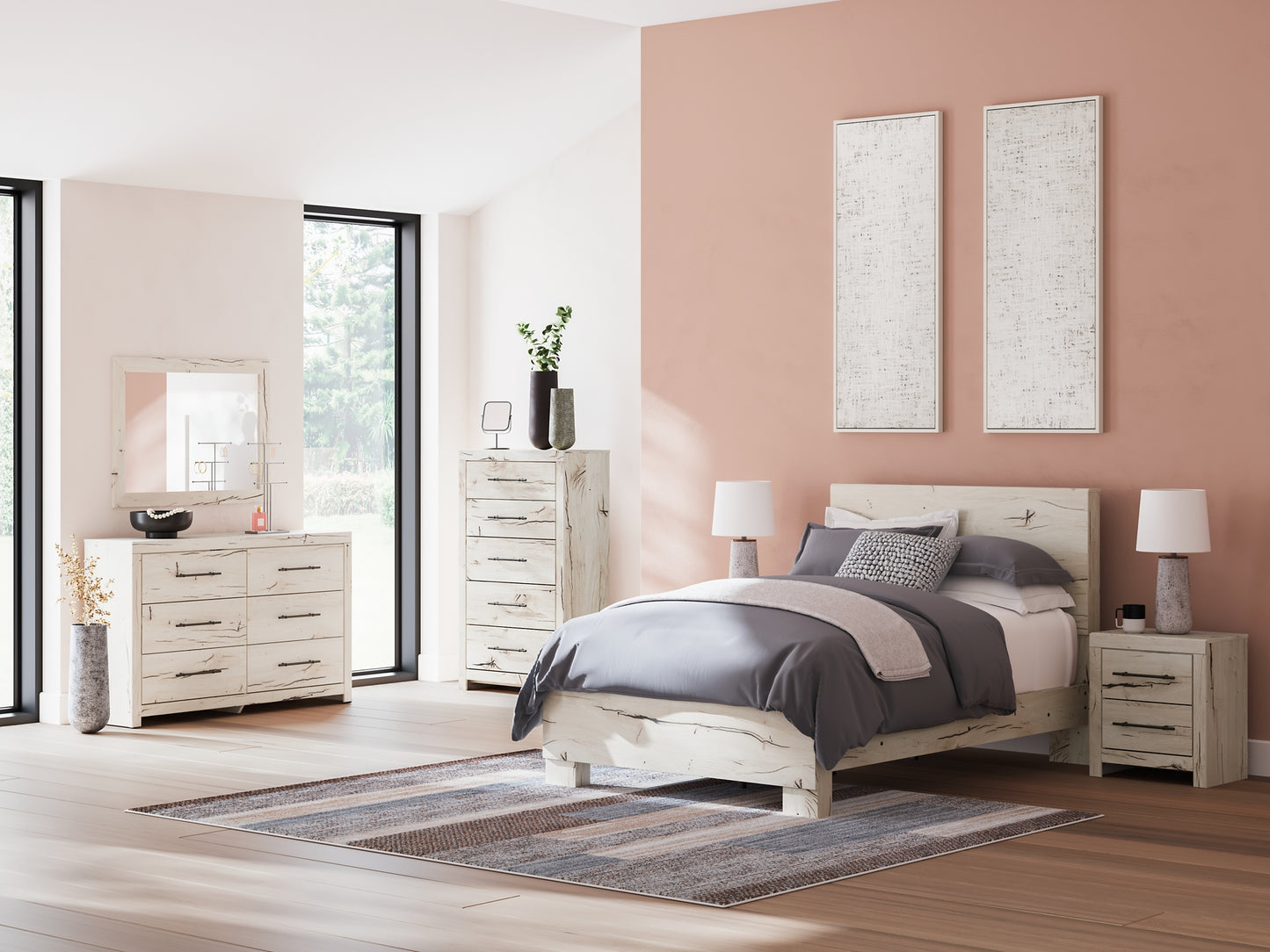 Full Panel Bed with Mirrored Dresser, Chest and Nightstand