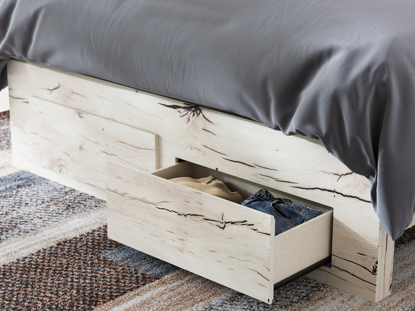 Queen Panel Storage Bed with Mirrored Dresser and Chest