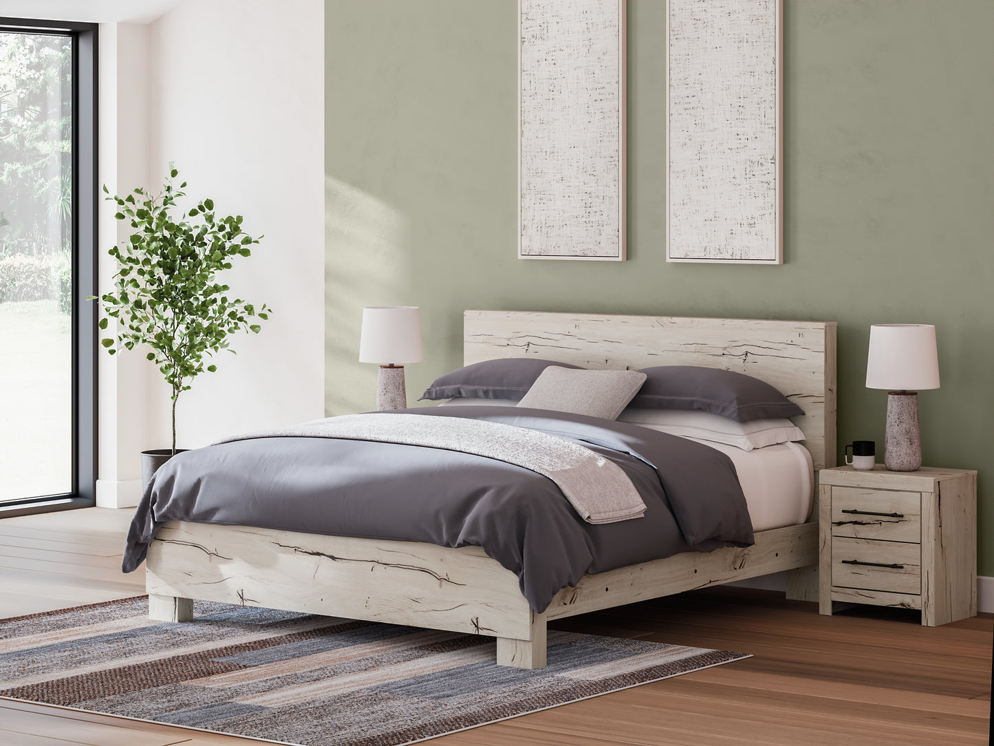 King Panel Bed with Mirrored Dresser, Chest and Nightstand