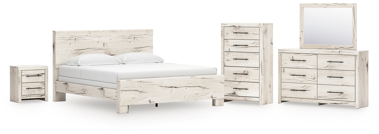 King Panel Bed with Mirrored Dresser, Chest and Nightstand