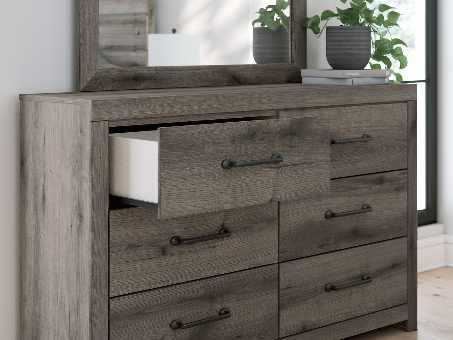 Graystorm Twin Panel Storage Bed with Mirrored Dresser