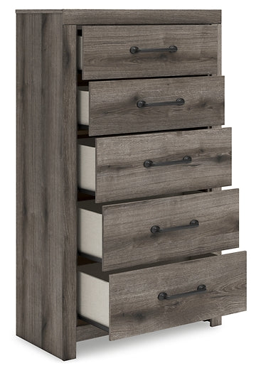 Graystorm King Panel Bed with Mirrored Dresser and Chest