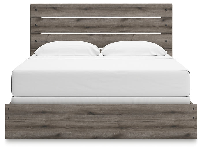 Graystorm King Panel Bed with Mirrored Dresser and Chest