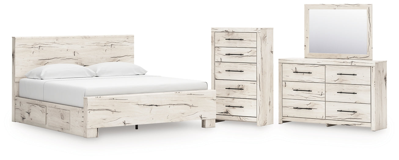 King Panel Bed with Mirrored Dresser and Chest