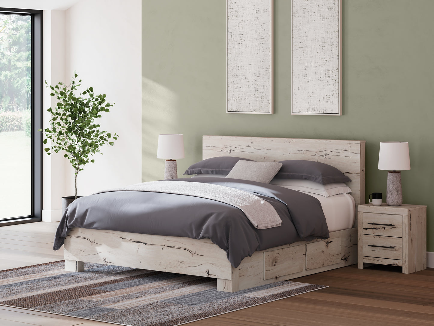 King Panel Bed with Mirrored Dresser and Chest