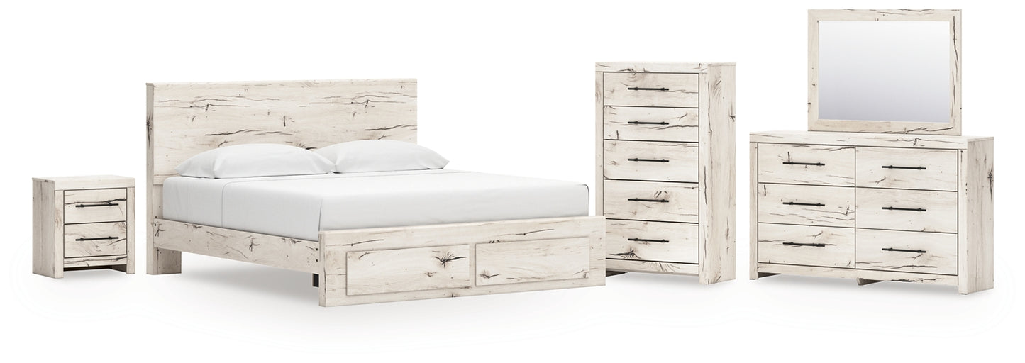 King Panel Storage Bed with Mirrored Dresser, Chest and Nightstand