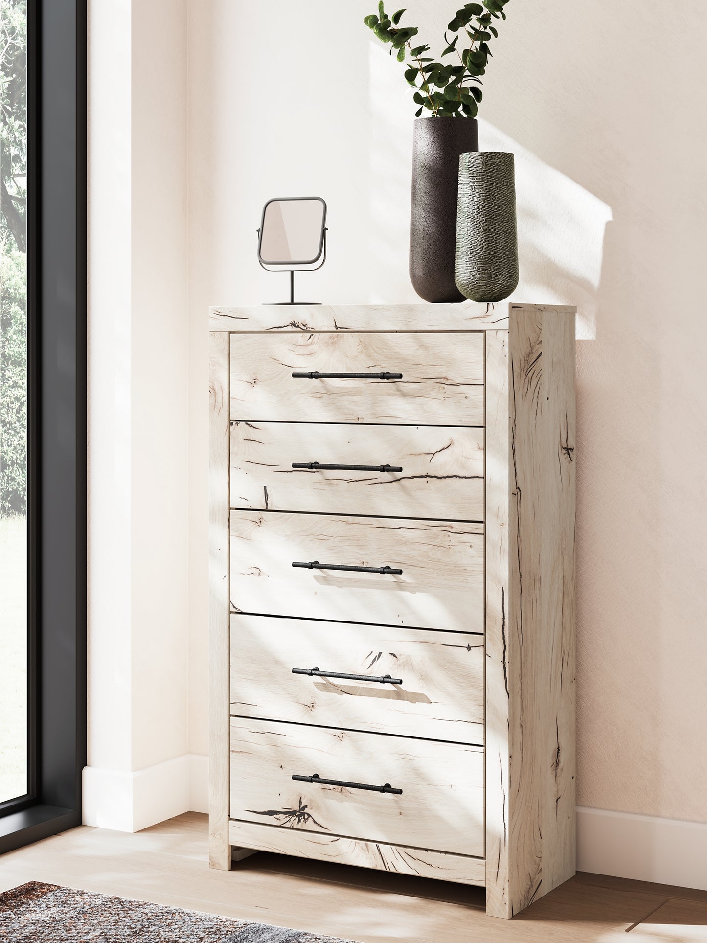 King Panel Storage Bed with Mirrored Dresser, Chest and Nightstand