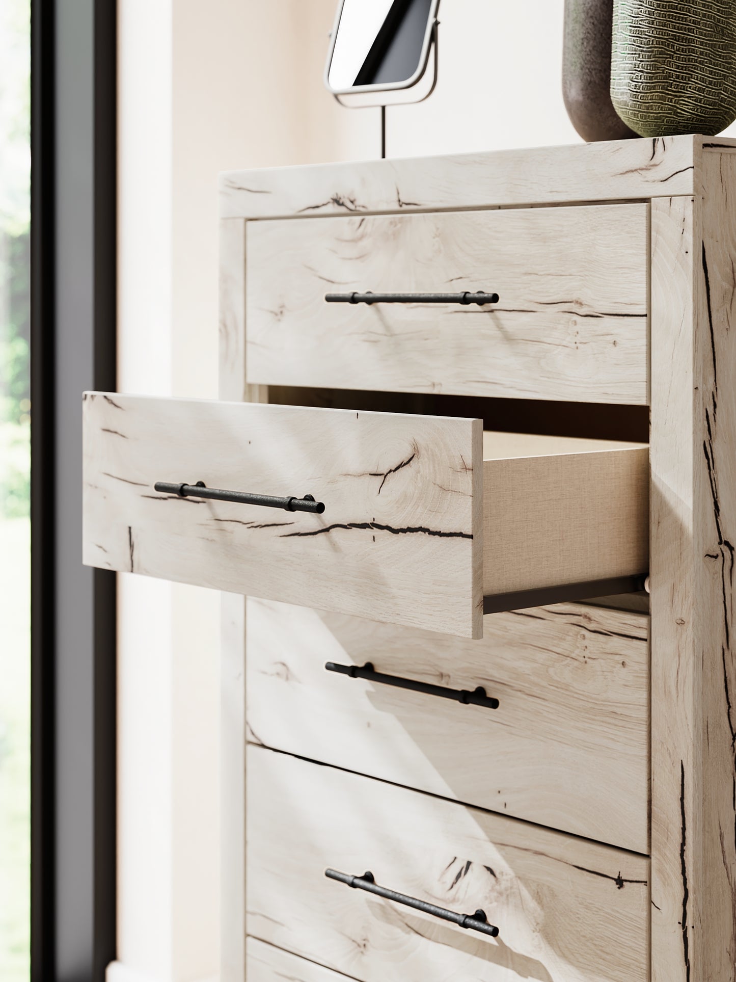 King Panel Storage Bed with Mirrored Dresser, Chest and Nightstand