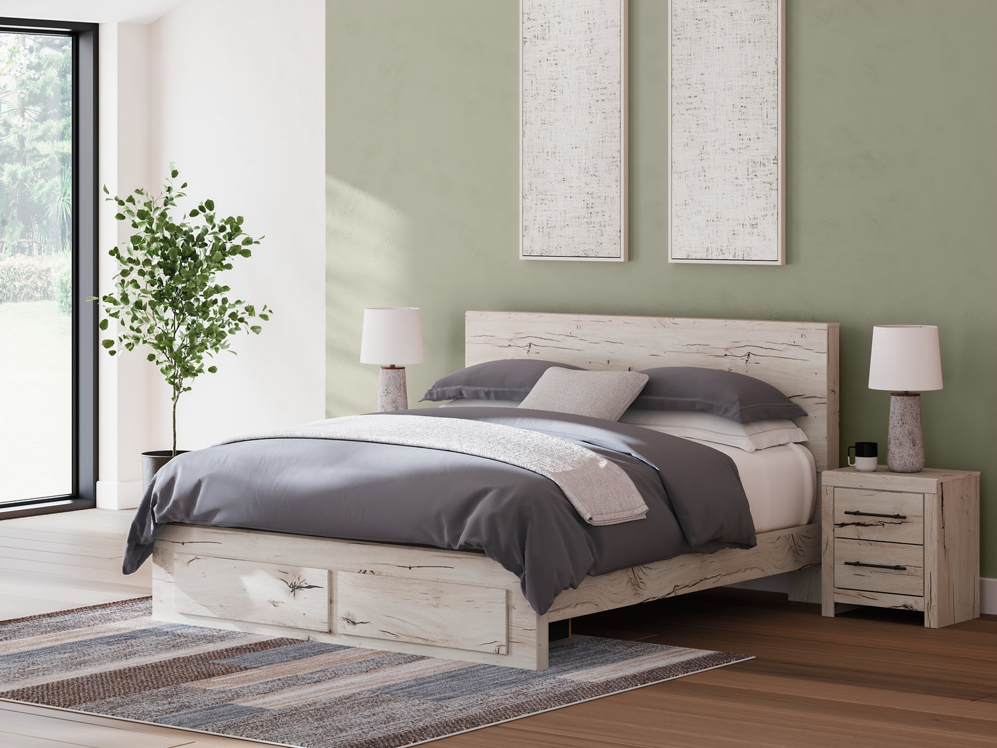King Panel Storage Bed with Mirrored Dresser, Chest and Nightstand