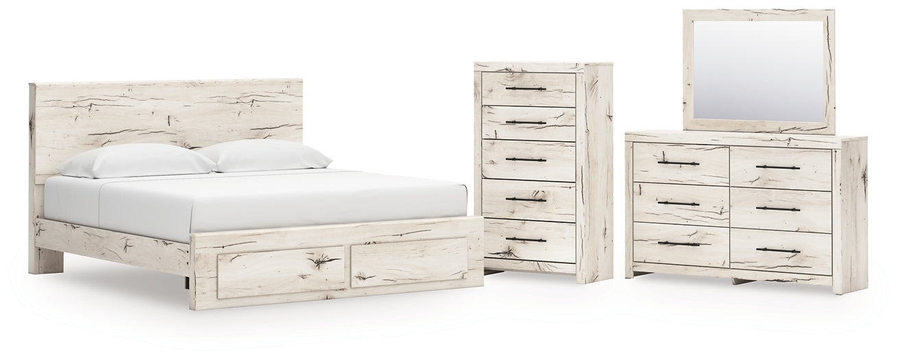 King Panel Storage Bed with Mirrored Dresser and Chest