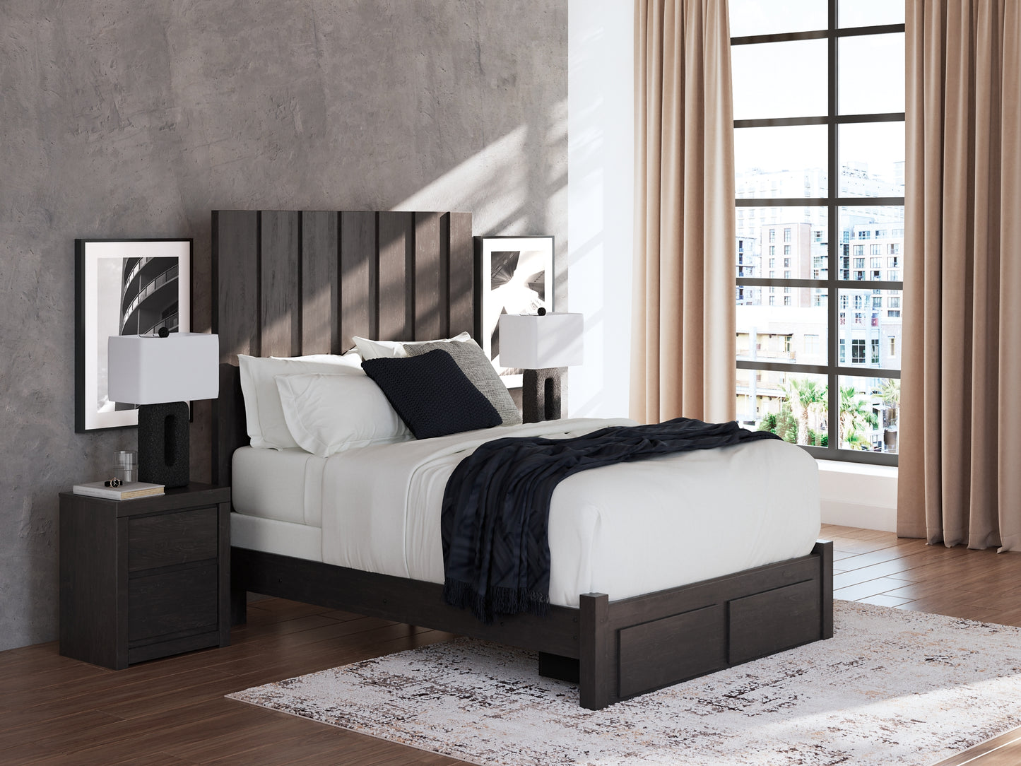 Queen Panel Storage Bed with Mirrored Dresser