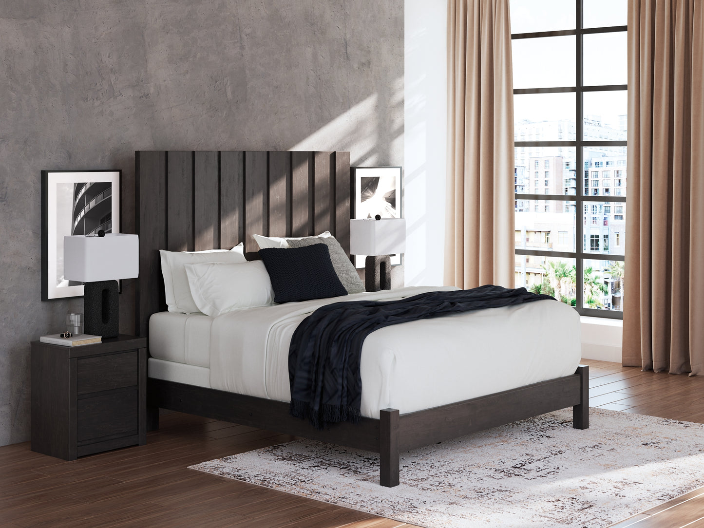 King Panel Bed with Mirrored Dresser and Nightstand