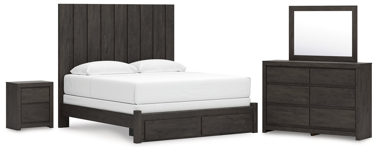 King Panel Storage Bed with Mirrored Dresser and Nightstand