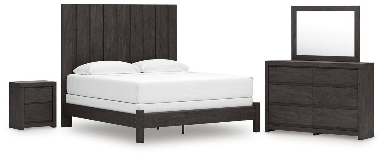 King Panel Bed with Mirrored Dresser and Nightstand