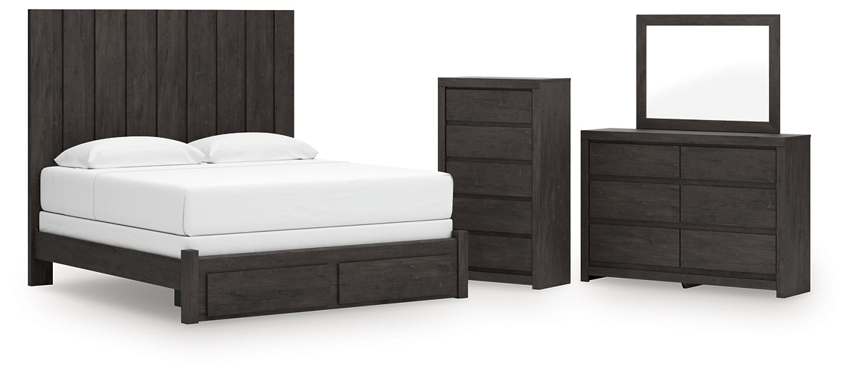 King Panel Storage Bed with Mirrored Dresser and Chest