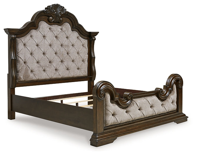 Maylee California King Upholstered Bed with Mirrored Dresser, Chest and Nightstand