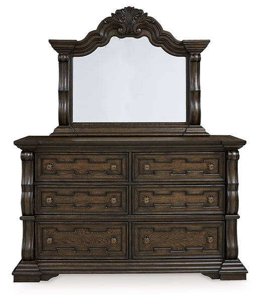 Maylee Queen Upholstered Bed with Mirrored Dresser and Chest