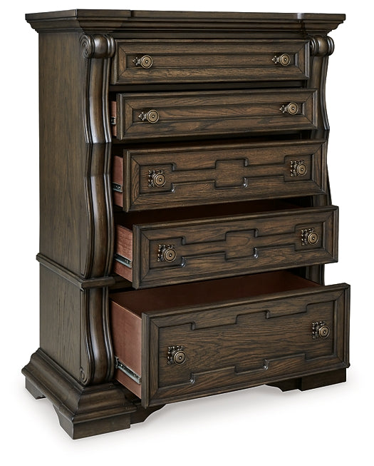 Maylee Queen Upholstered Bed with Mirrored Dresser and Chest