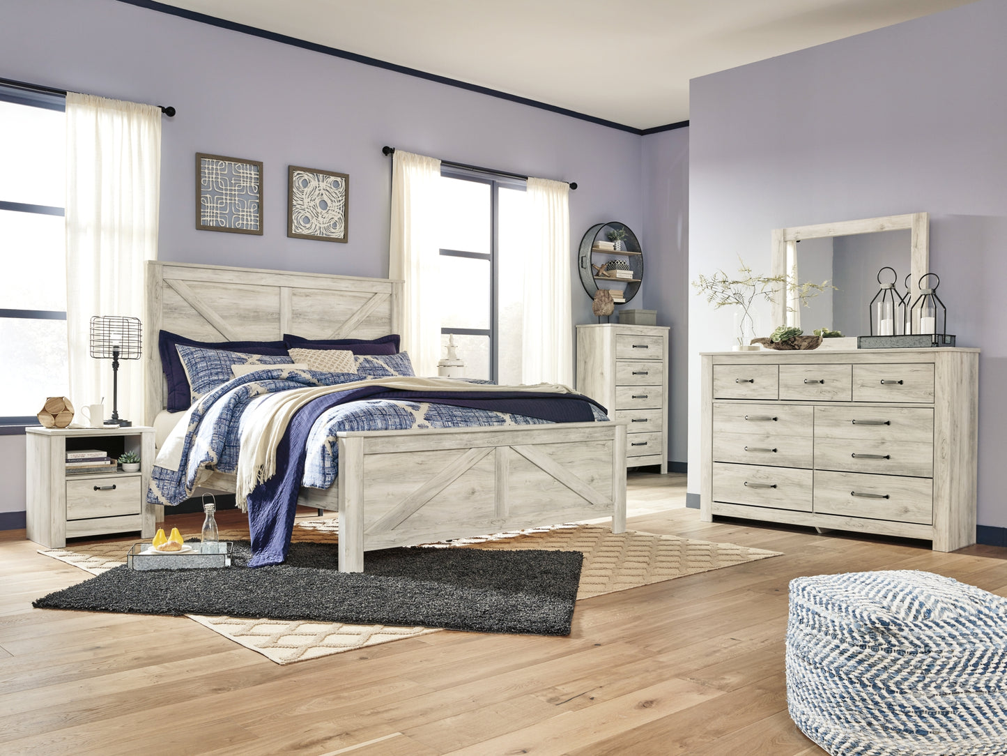 Bellaby Crossbuck Panel Bed With Mirrored Dresser, Chest And 2 Nightstands
