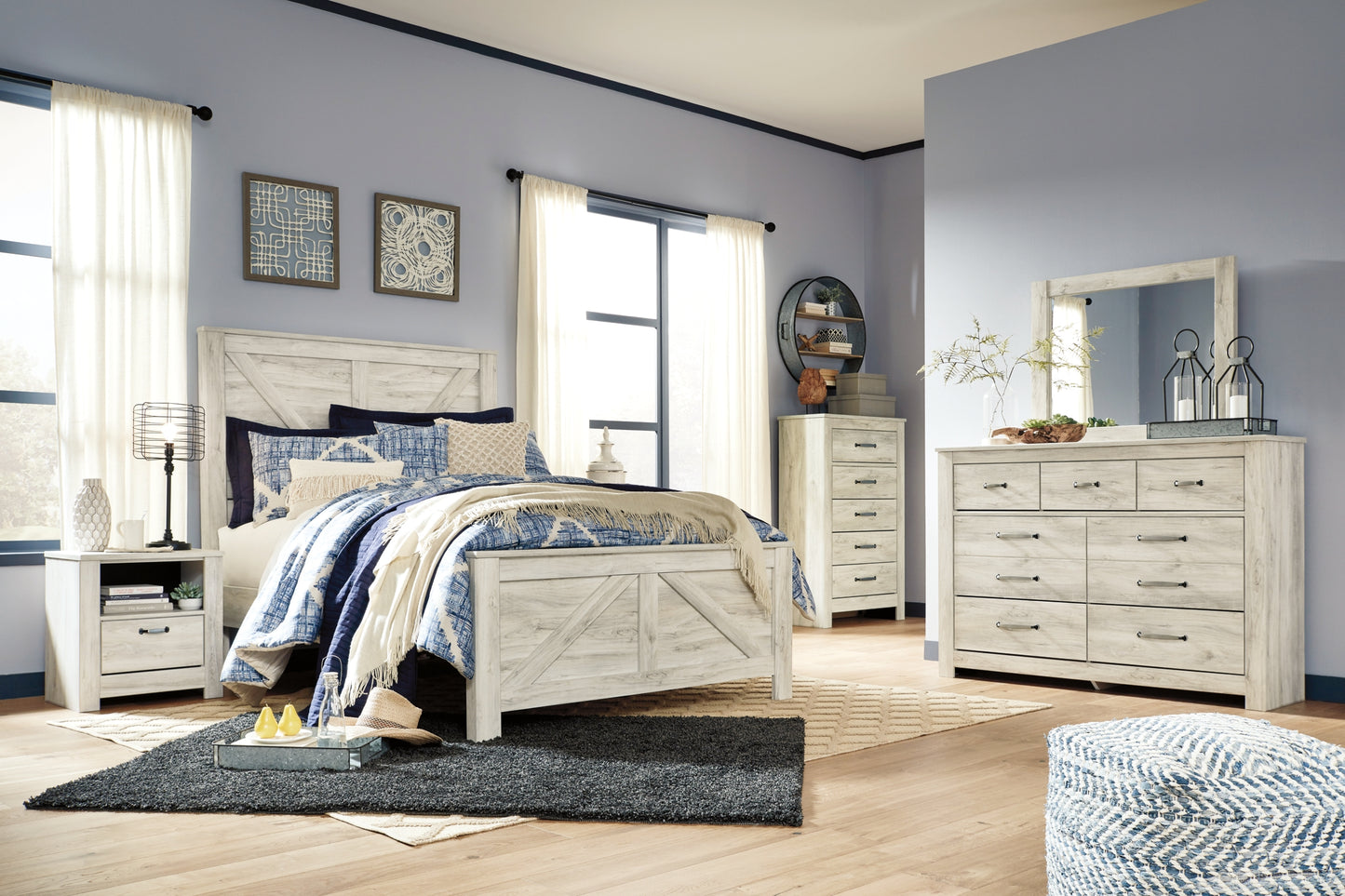Bellaby Crossbuck Panel Bed With Mirrored Dresser, Chest And 2 Nightstands