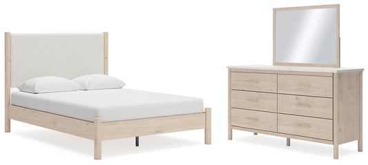 Queen Upholstered Panel Bed with Mirrored Dresser