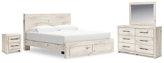 King Panel Storage Bed with Mirrored Dresser and Nightstand