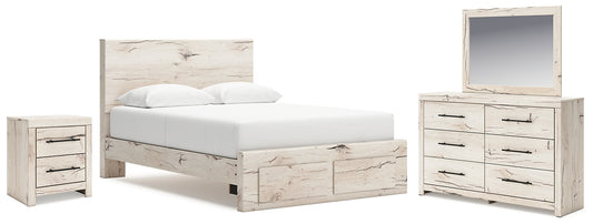 Queen Panel Storage Bed with Mirrored Dresser and Nightstand