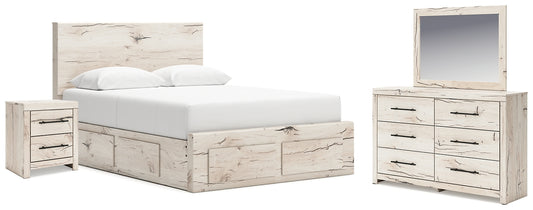 Queen Panel Storage Bed with Mirrored Dresser and Nightstand