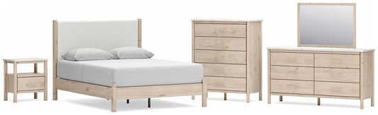 Queen Upholstered Panel Bed with Mirrored Dresser, Chest and Nightstand