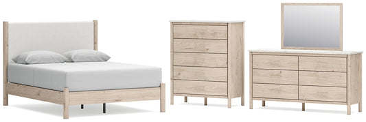 Queen Upholstered Panel Bed with Mirrored Dresser and Chest