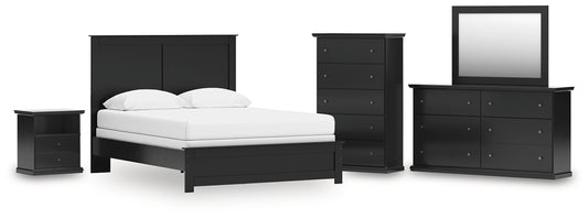 Queen Panel Bed with Mirrored Dresser, Chest and Nightstand