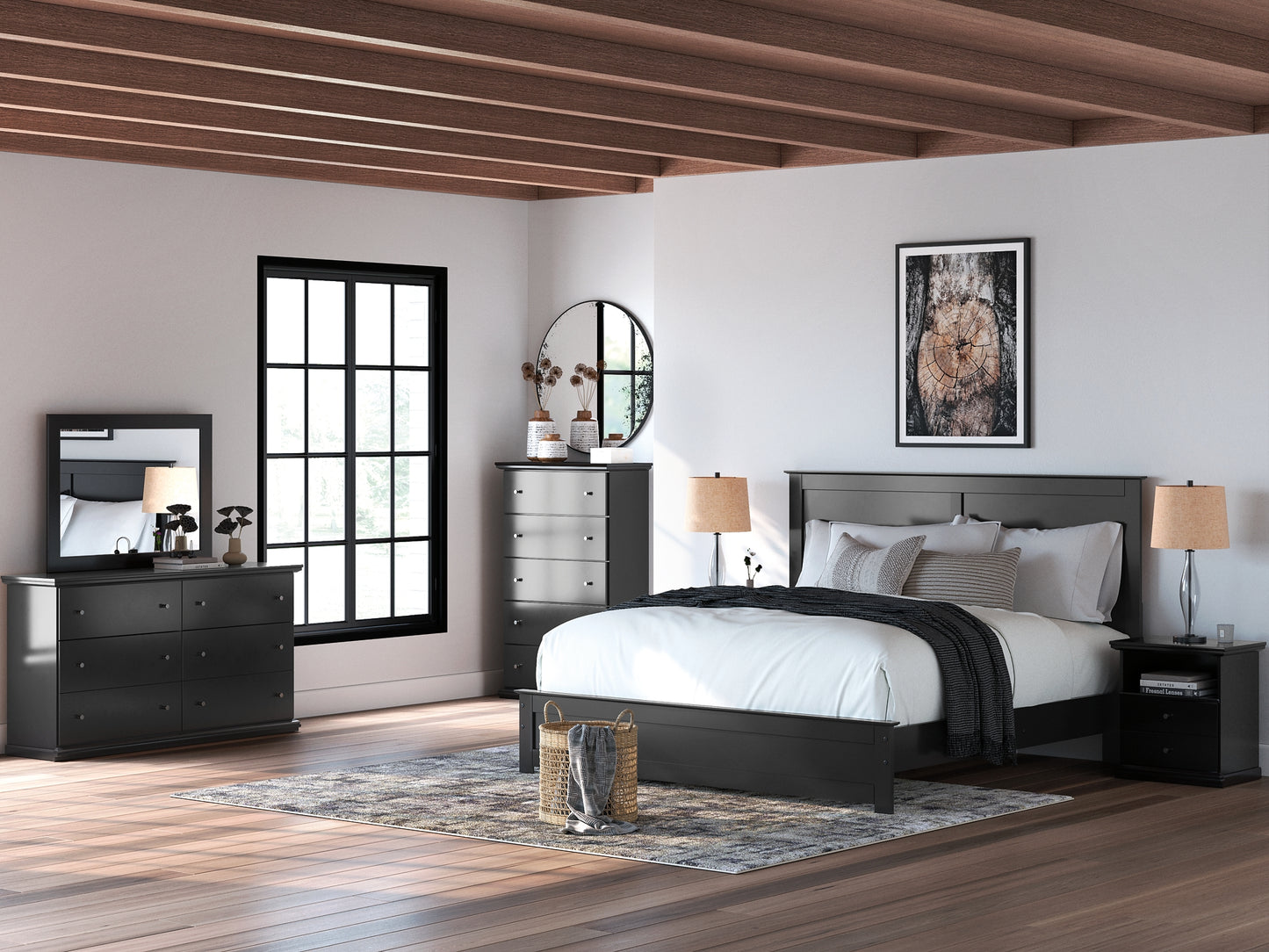 King Panel Bed with Mirrored Dresser and Nightstand