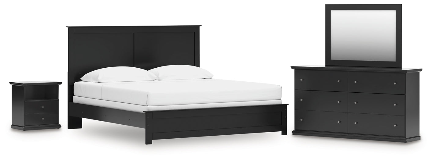 King Panel Bed with Mirrored Dresser and Nightstand