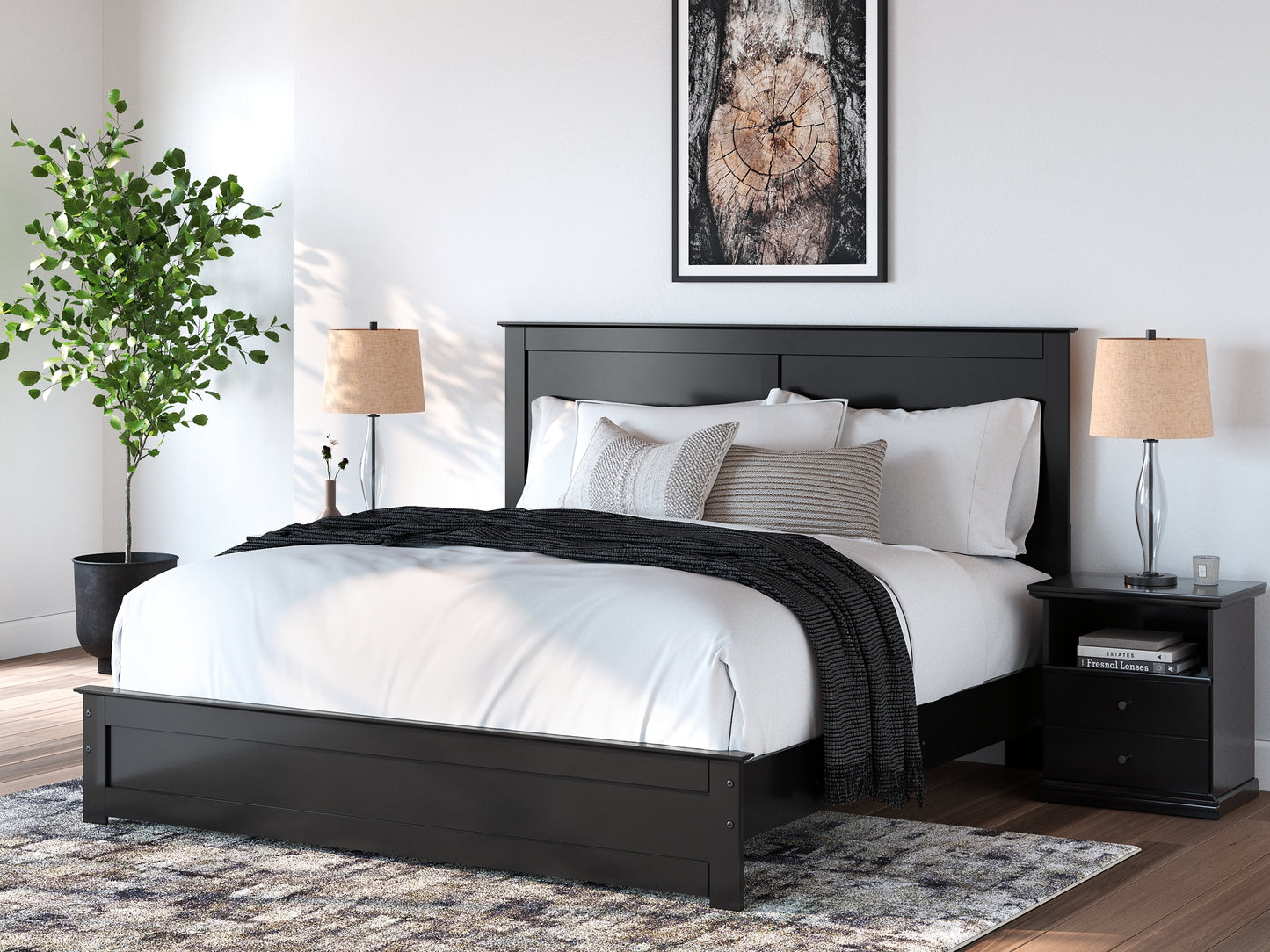 King Panel Bed with Mirrored Dresser and Chest