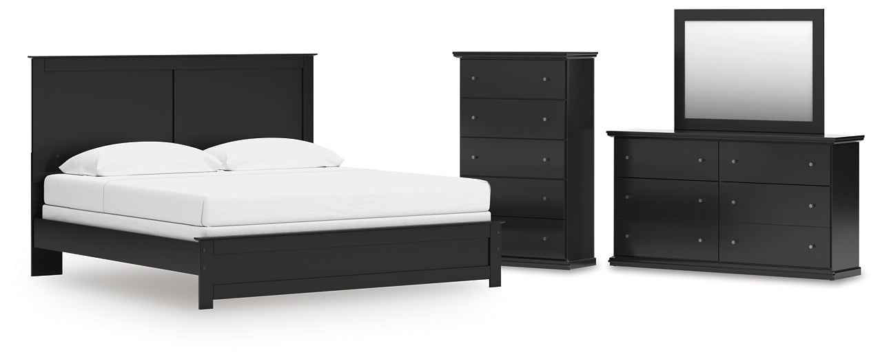 King Panel Bed with Mirrored Dresser and Chest