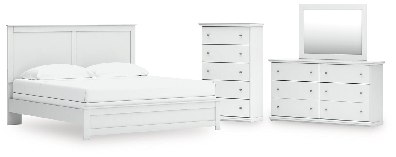 Bostwick Shoals King Panel Bed with Mirrored Dresser and Chest